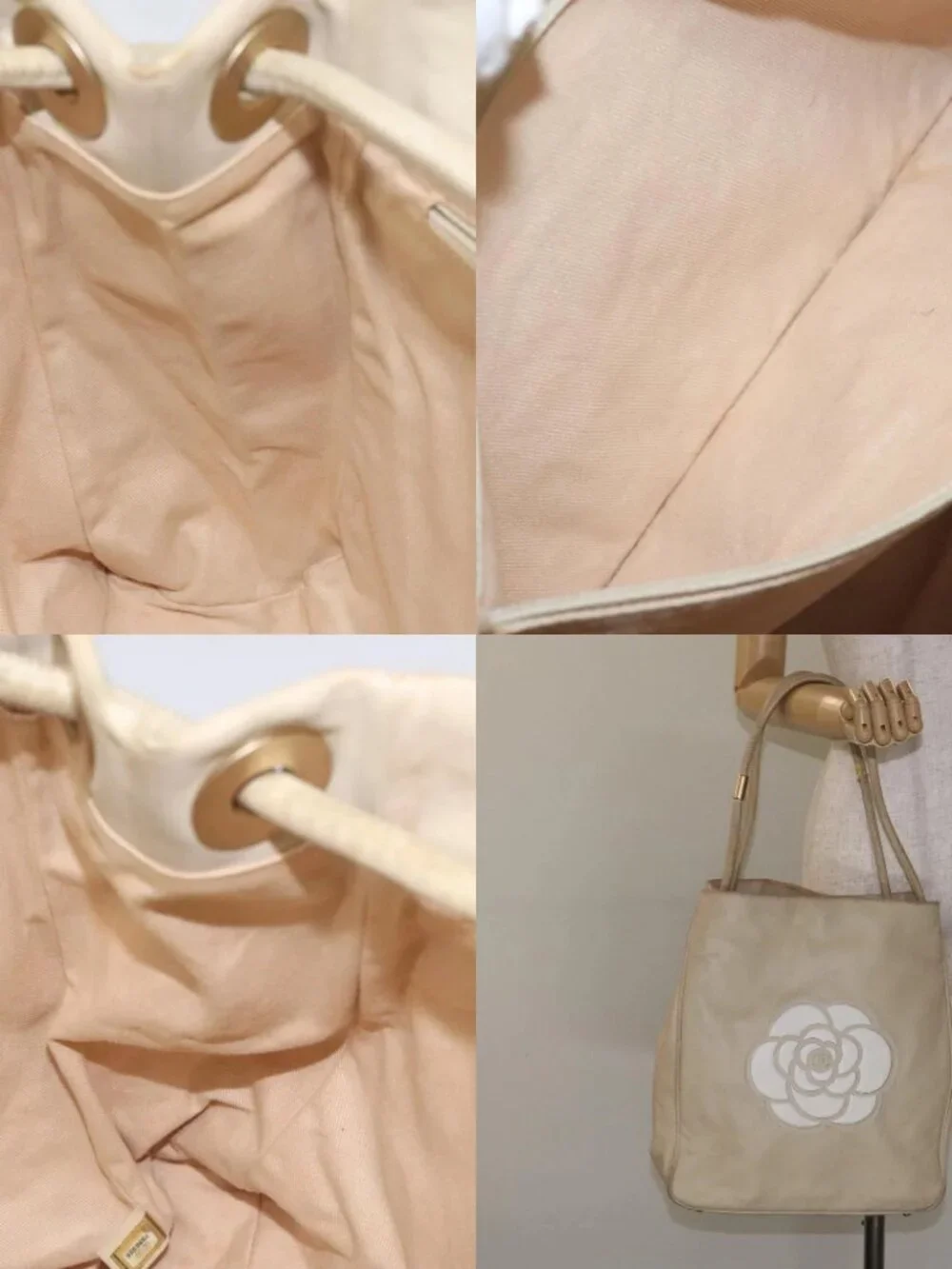 CHANEL Camelia Tote Bag Lamb Skin Beige Gold CC Auth 130498